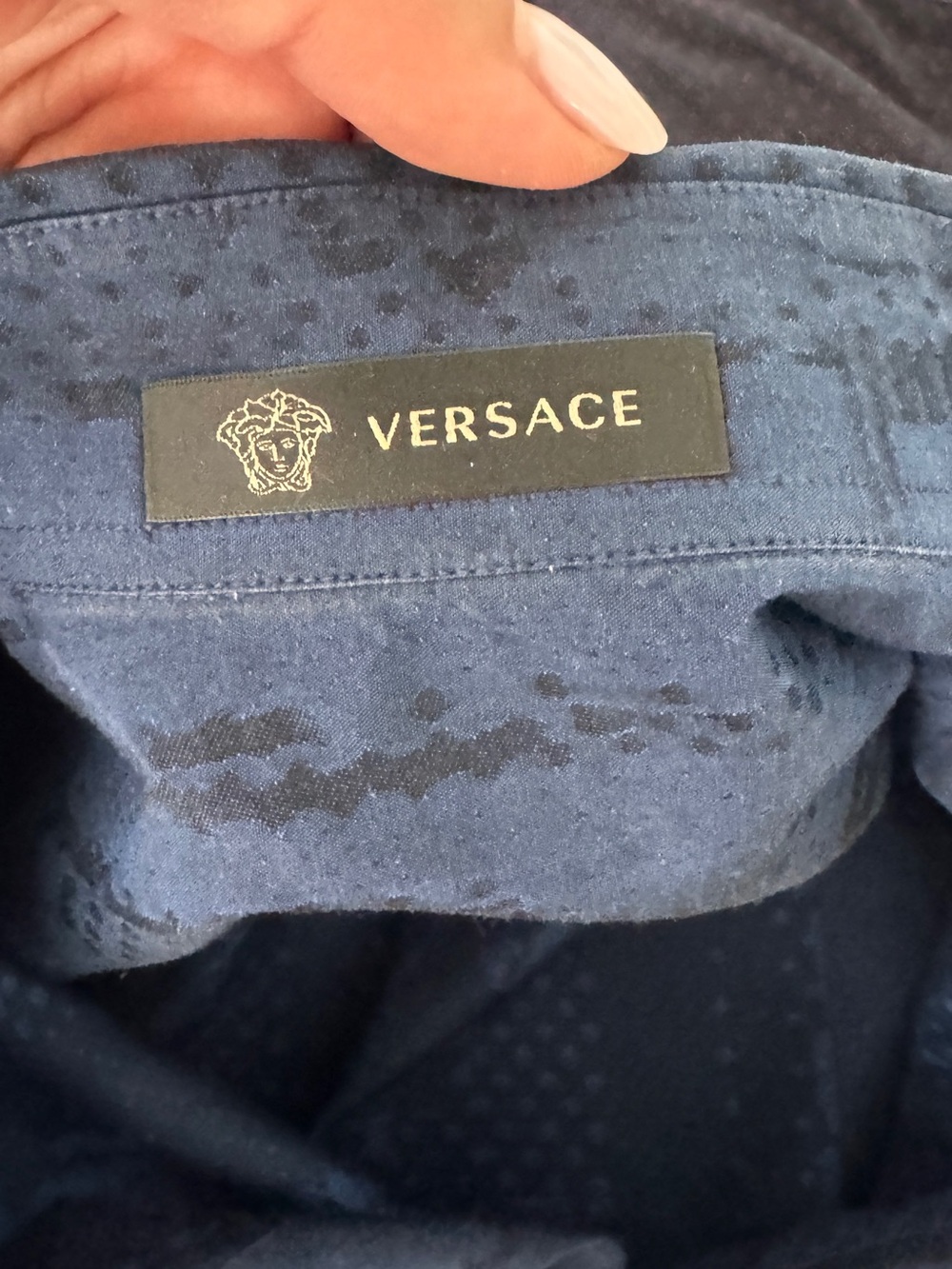 Versace Men's Dark Navy Patterned Long-Sleeve Dress Shirt - Picture 4 of 13